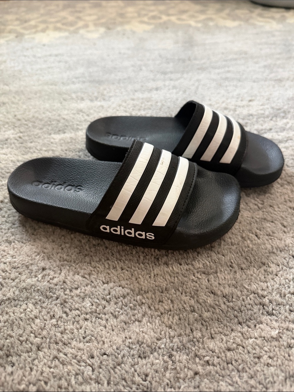 adidas Kids Black Slide Sandals with White Stripes